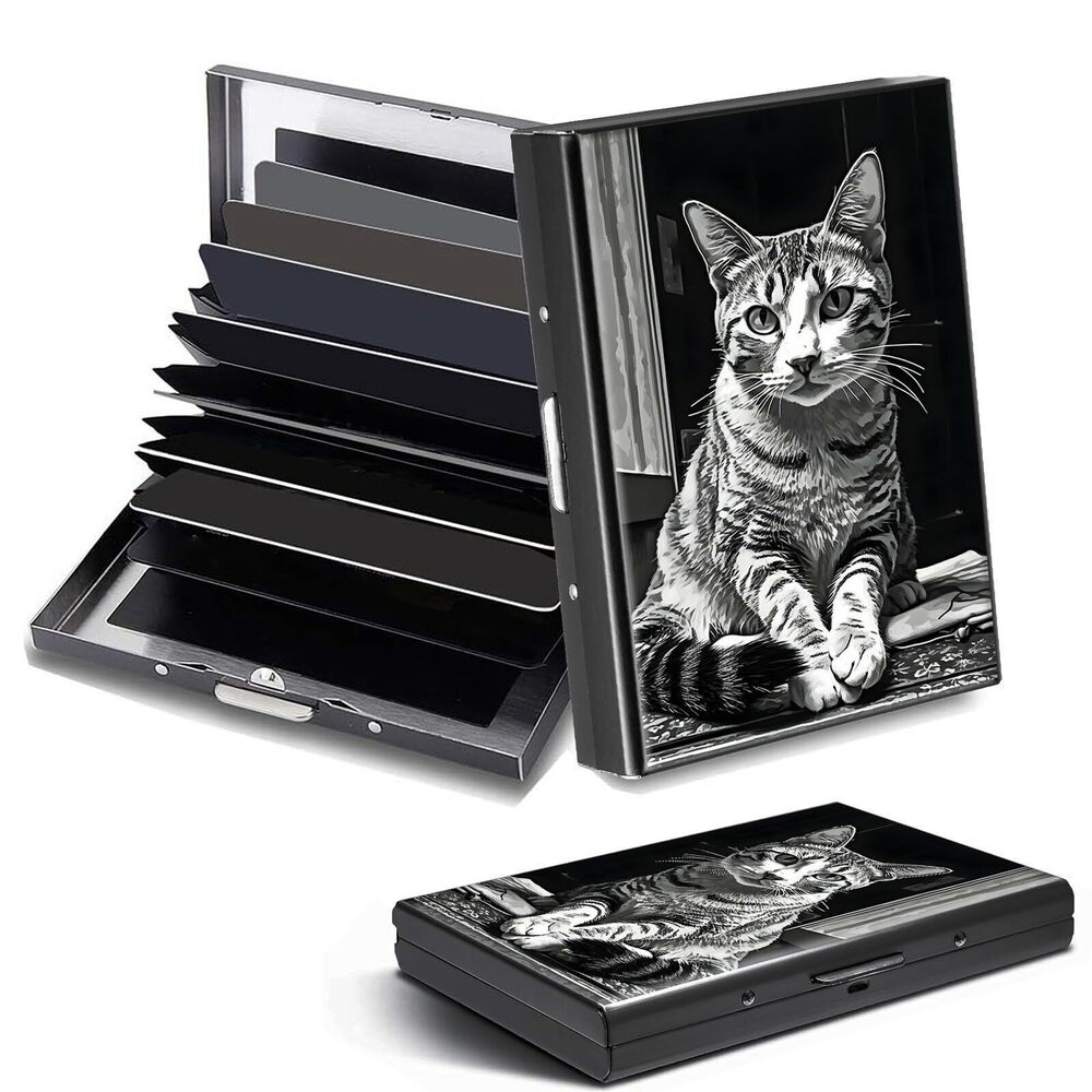 2007 Credit Card Holder, Art Cat Design Mini RFID Blocking Aluminum Wallet